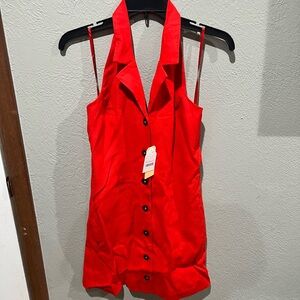 Chic Vibrant Red Linen Blend Halter Mini Dress Size XS NWT Perfect Spring Dress